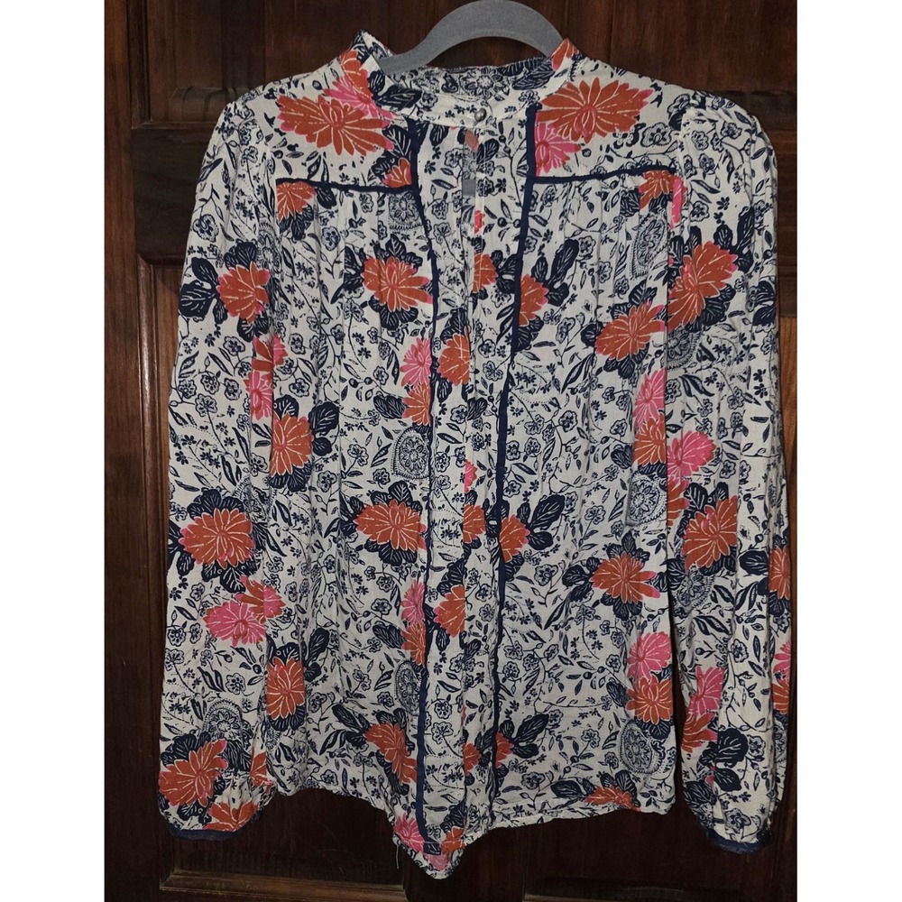 Porridge Anthropologie Floral Split Neck Blouse Navy Orange Pink Small